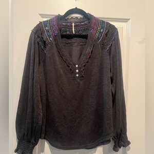 Free People Dark Grey Blouse with Colorful Embroidery